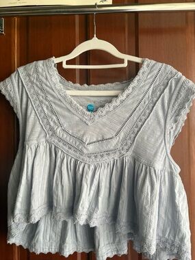 Pilcro Light Blue Lace-Trim Tiered Peasant Blouse